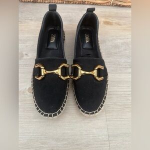 Zara Black and Gold Espadrille Loafers with Horsebit Detail